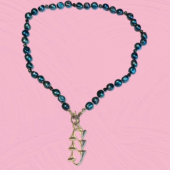 Hand Crafted Pearl Necklace Green Cultured Freshwater Black Silver Real Vintage - Picture 5 of 5